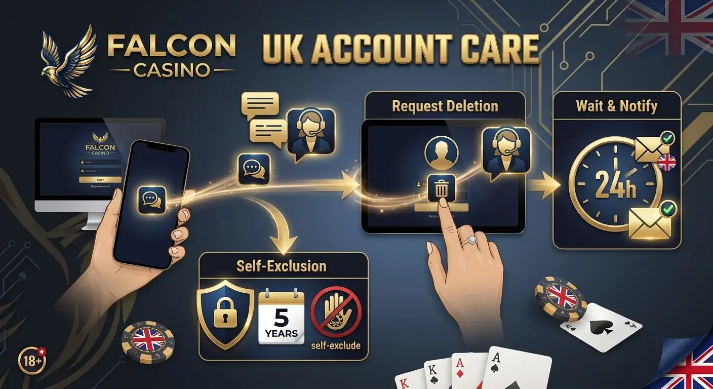 Casino Falcon Online account closure page with instructions for deleting a casino profile.