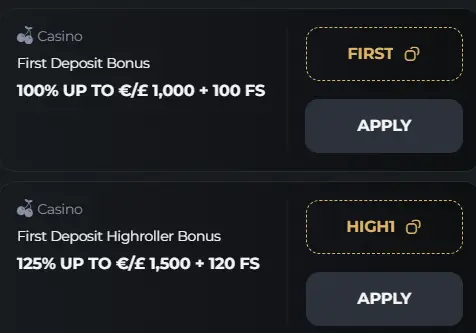 Falcon Online Casino deposit form with a promo code field for activating a bonus offer.