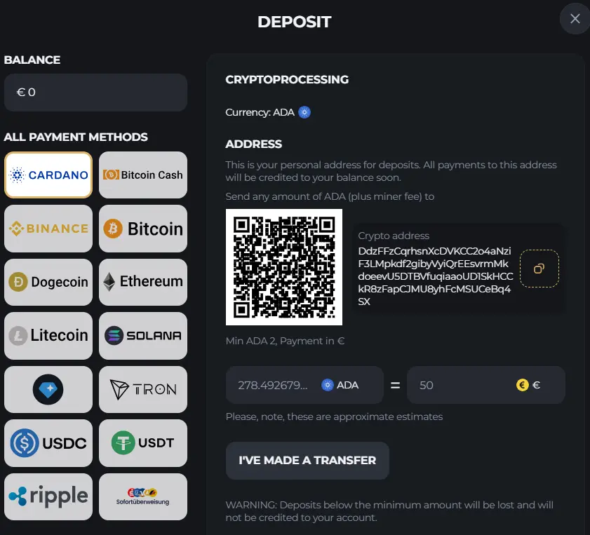 Falcon Casino Online deposit form with available payment methods and account funding options.