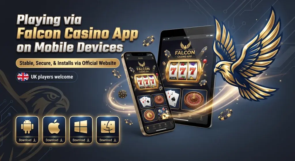 Falcon Casino mobile app page for UK players using Android, iPhone, iPad, Windows and macOS devices.