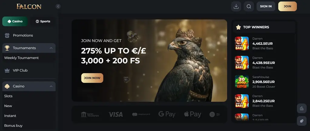 Falcon Casino UK homepage showing the £3,000 welcome bonus and 8,000+ casino games.

