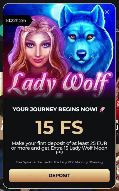 Falcon Casino free spins promotion page with eligible slot games and bonus rounds.