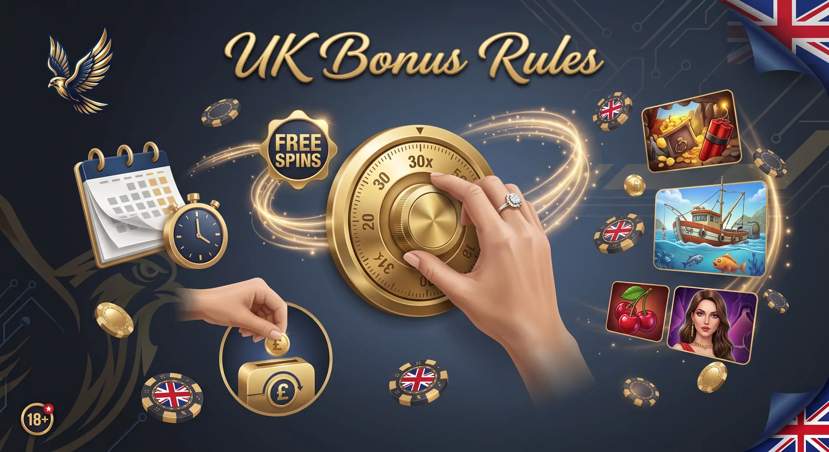 Falcon Casino Online bonus terms section explaining free spins wagering requirements.