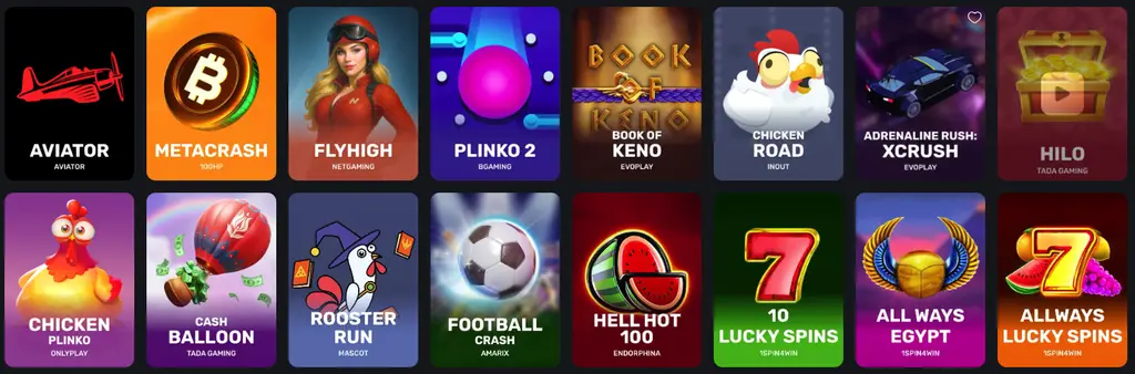 Online Casino Falcon instant-win games collection with low-stake titles and jackpot options.