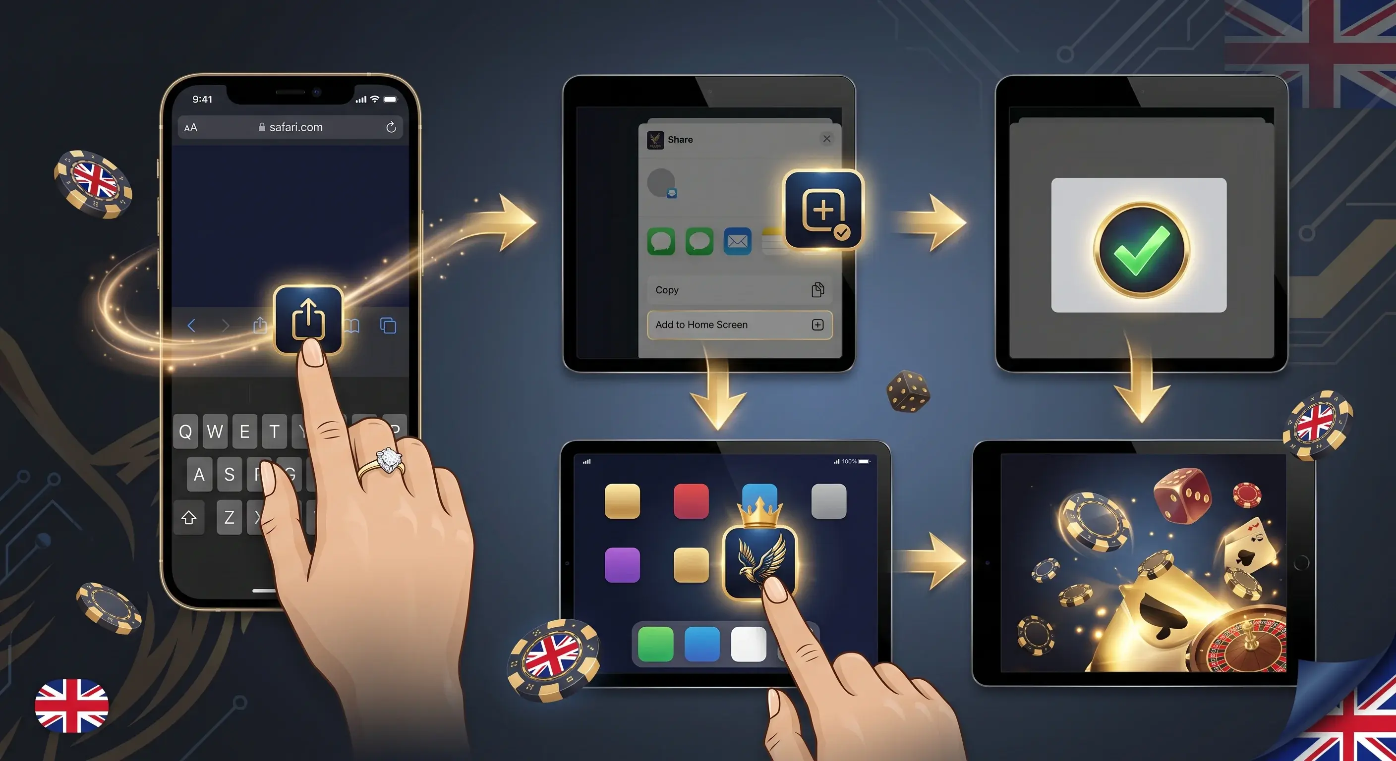 Casino Falcon Online app installation instructions for iPhone and iPad users via Safari.