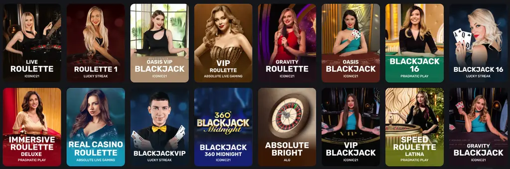 Online Falcon Casino live casino lobby with HD dealer games and table game categories.