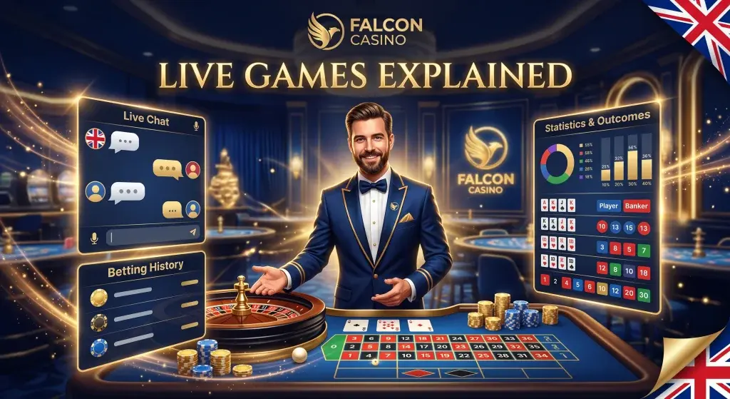 Falcon Casino live casino lobby with professional dealers, English streams and live chat.