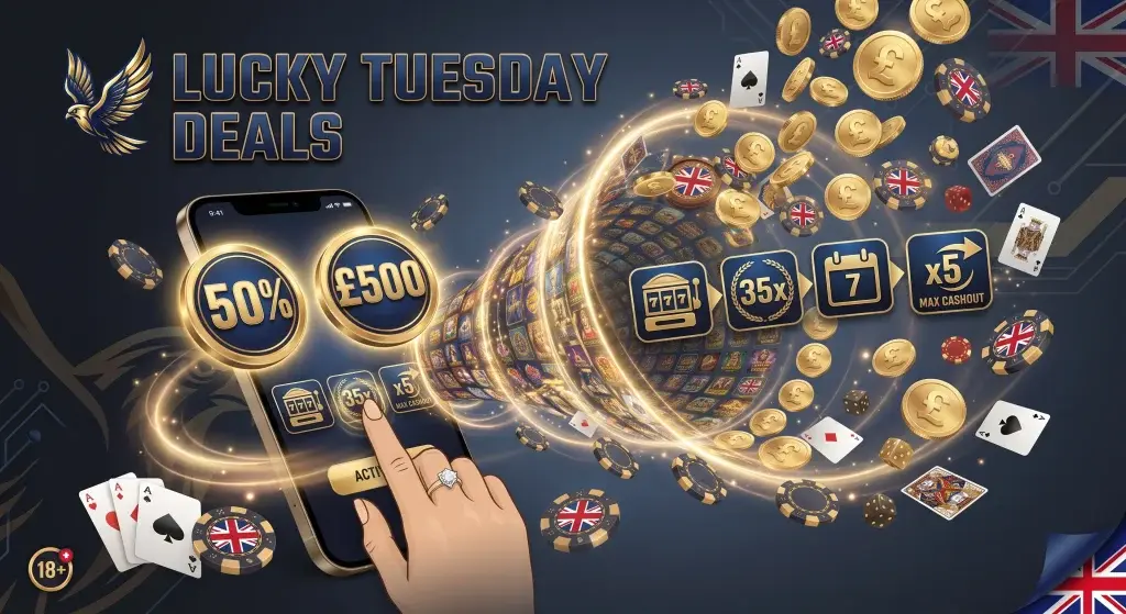 Falcon Casino UK Lucky Tuesday promotion with a 50% match bonus up to £500.