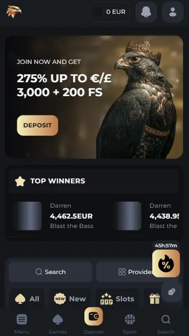 Casino Falcon PWA interface showing browser-based gaming and account access features.