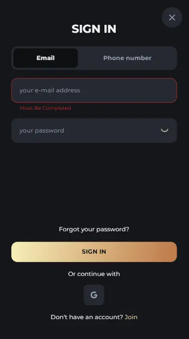 Falcon Online Casino login form for desktop, mobile website and app users.