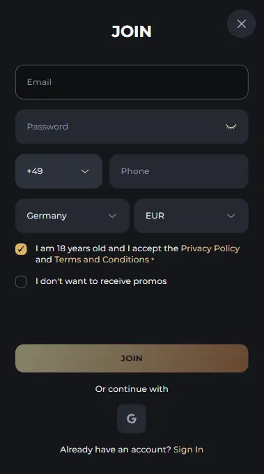 Online Casino Falcon account login screen for existing mobile casino users.