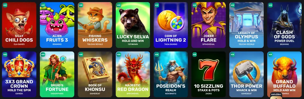 Falcon Online Casino new games page displaying recently released casino titles.