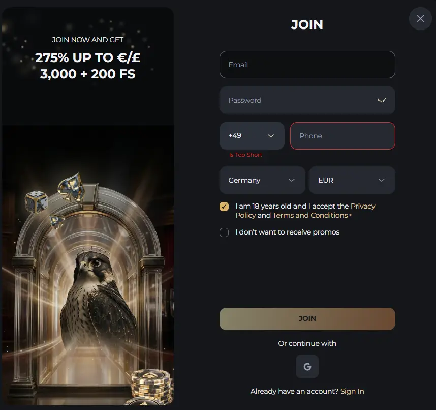 Casino Falcon Online registration page with email, phone number and Google sign-up options.

