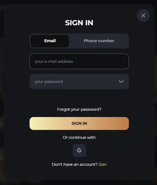 Falcon Casino Online login form for accessing an existing player account.