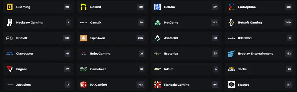 Online Casino Falcon game providers section featuring 90+ casino software brands.

