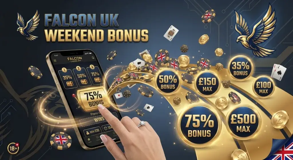 Casino Falcon UK weekend special promotion with a 75% deposit match offer.