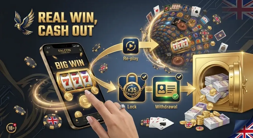 Casino Falcon Online winnings page showing real-money rewards from free spins offers.