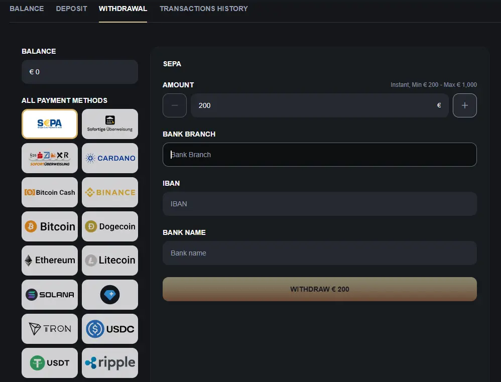 Casino Falcon withdrawal section with Visa, Mastercard, bank transfer and cryptocurrency methods.